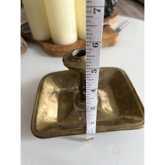 Antique Brass Pushup Candle Chamberstick Colonial Rectangular Base Finger Holder - Picture 8 of 9